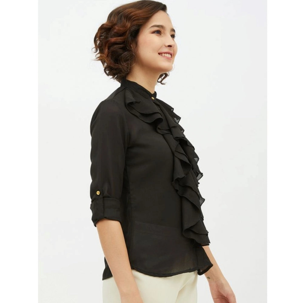 Black polyester ruffled long sleeve shirt, mandarin collar and standard length