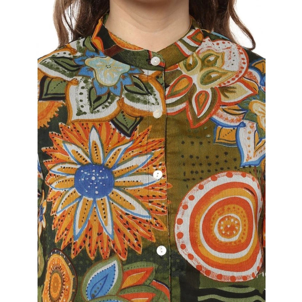 Mustard olive polyester balloon sleeve top for women, floral pattern