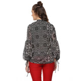 Black & White printed balloon sleeve top on model, women's polyester fashion top