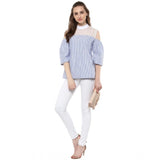 Blue cotton striped cold shoulder top for women's fashion with mock neck, summer outfit on model