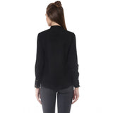 Black polyester ruffled long-sleeve top with closed neck, fashionable women's wear on mannequin