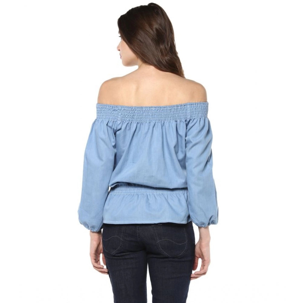 Blue denim solid off-shoulder 3/4th sleeve regular top on model