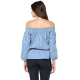 Blue denim solid off-shoulder 3/4th sleeve regular top on model