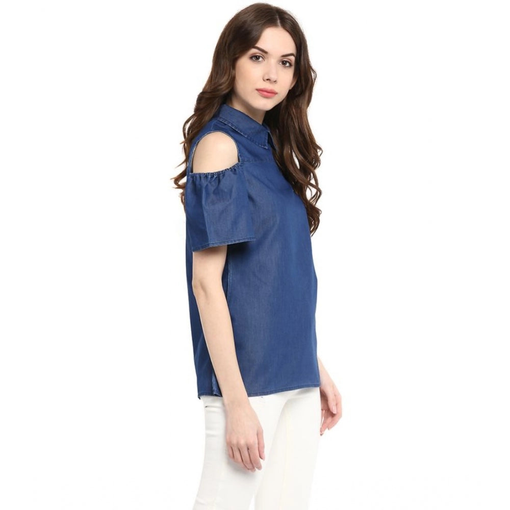 Blue denim women's cold shoulder solid top, regular length on model