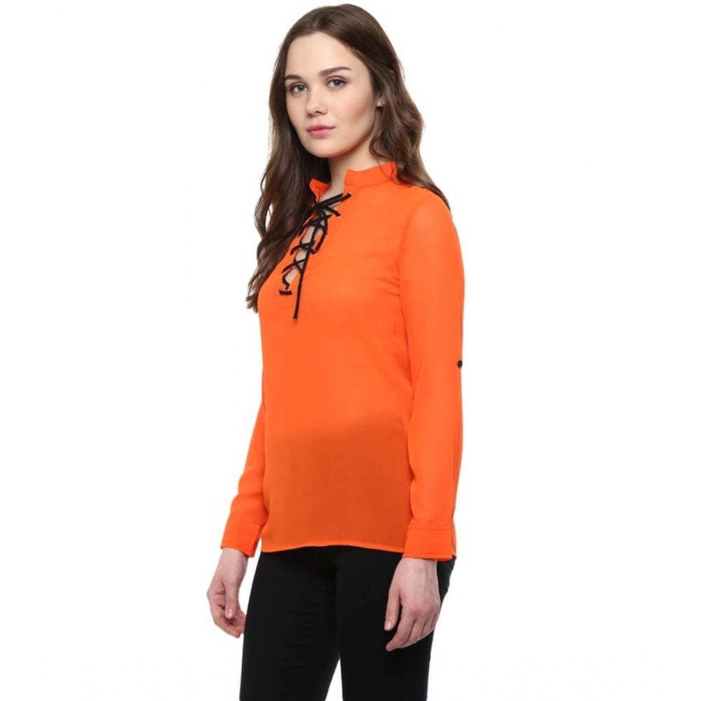 Orange polyester long sleeve regular top with mandarin collar and tie-up detail