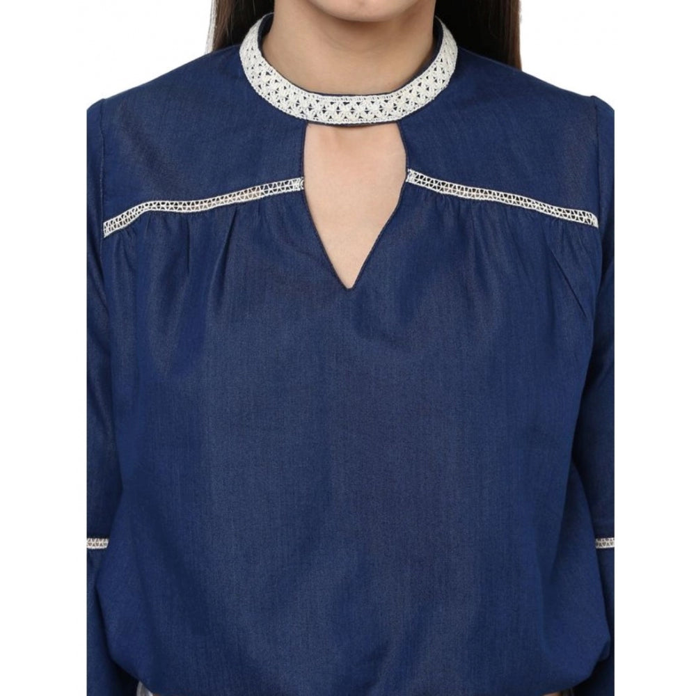 Blue polyester bell sleeve top, solid design with keyhole neck, suitable for women's casual wear