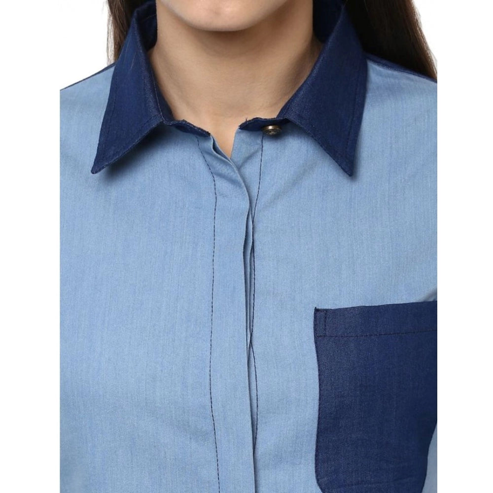 Blue denim patchwork long sleeves women's top, detailed view with collar neckline