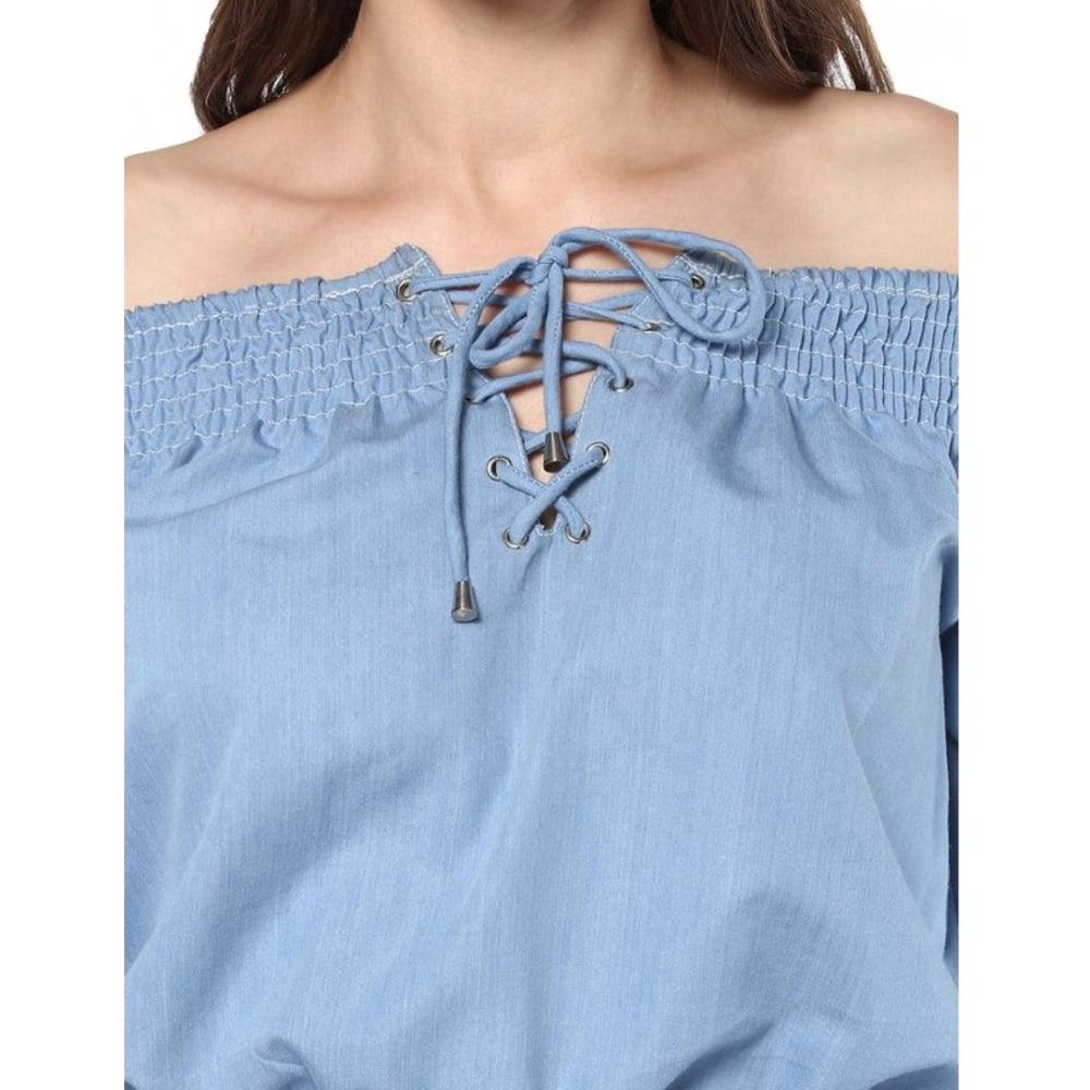 Blue denim women's 3/4 sleeved off-shoulder top, solid design