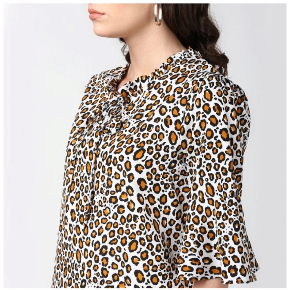Women's orange/black polyester animal print bell sleeve top with collar, fashionable style for women