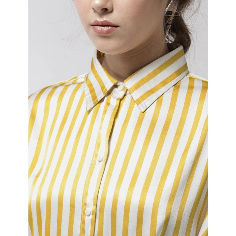 Women's yellow striped polyester long sleeves top for fashion, vibrant stripes design with collar neckline