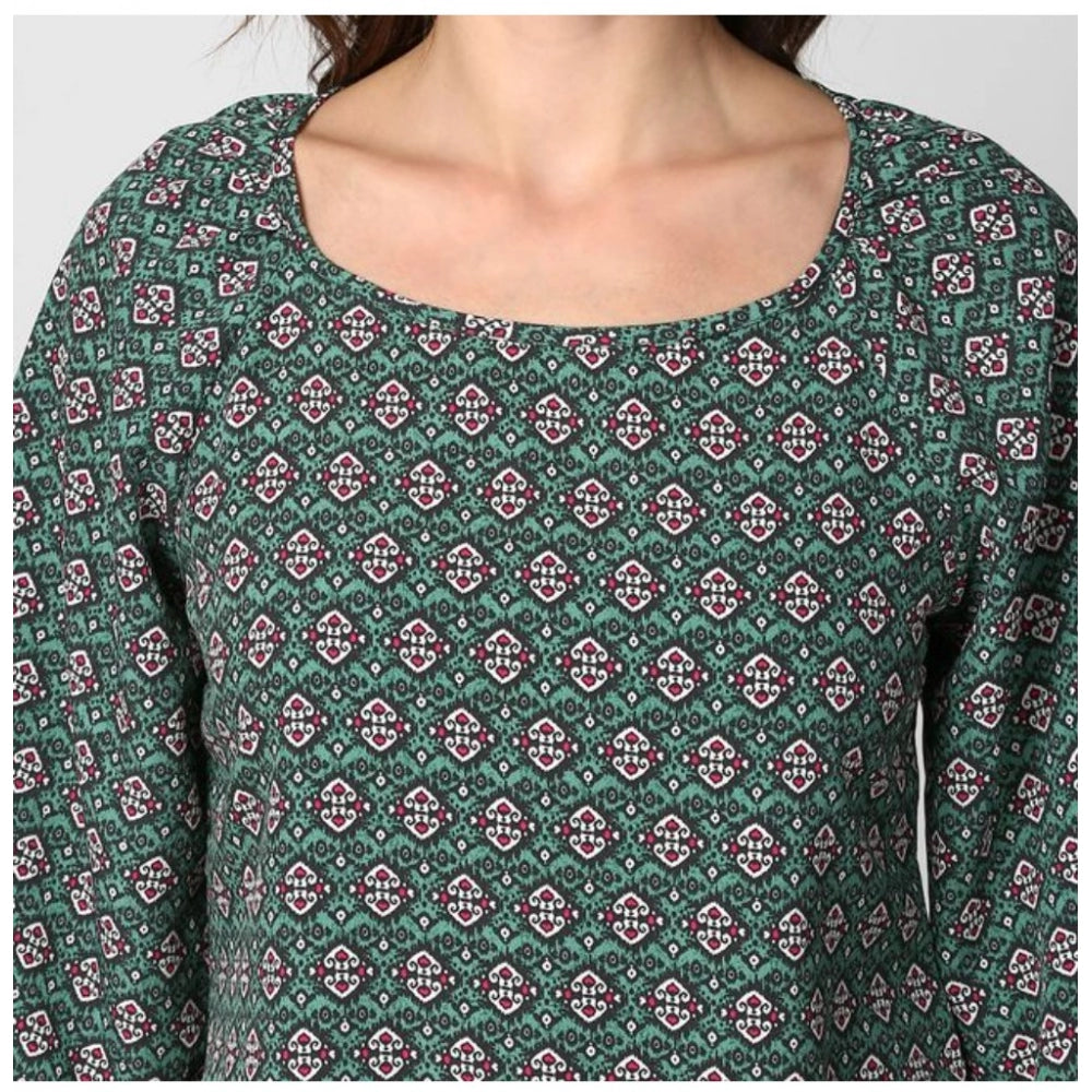 Women's green 3/4th sleeves printed polyester top with round neck, fashionable and vibrant