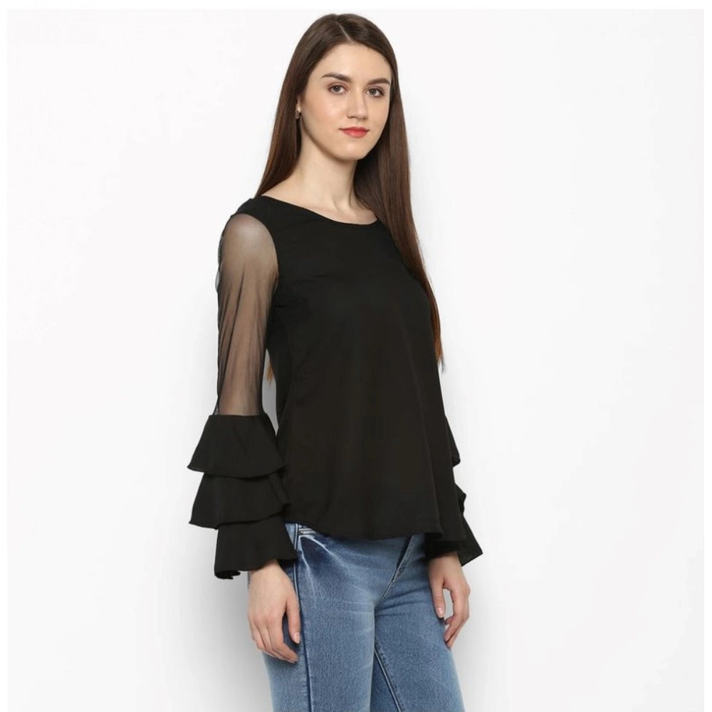 Black polyester solid tier sleeve top for women's casual fashion, round neckline style on model