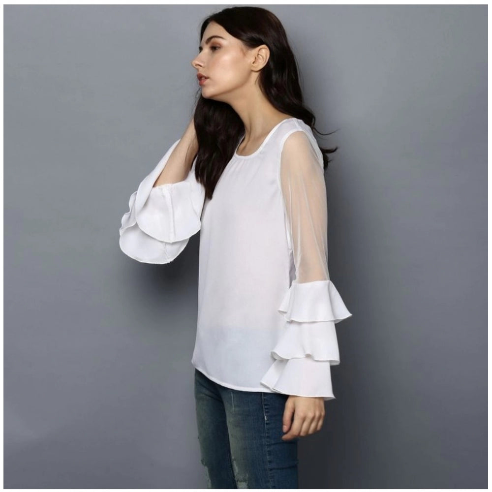 White polyester tier sleeve top for women, solid design with round neck
