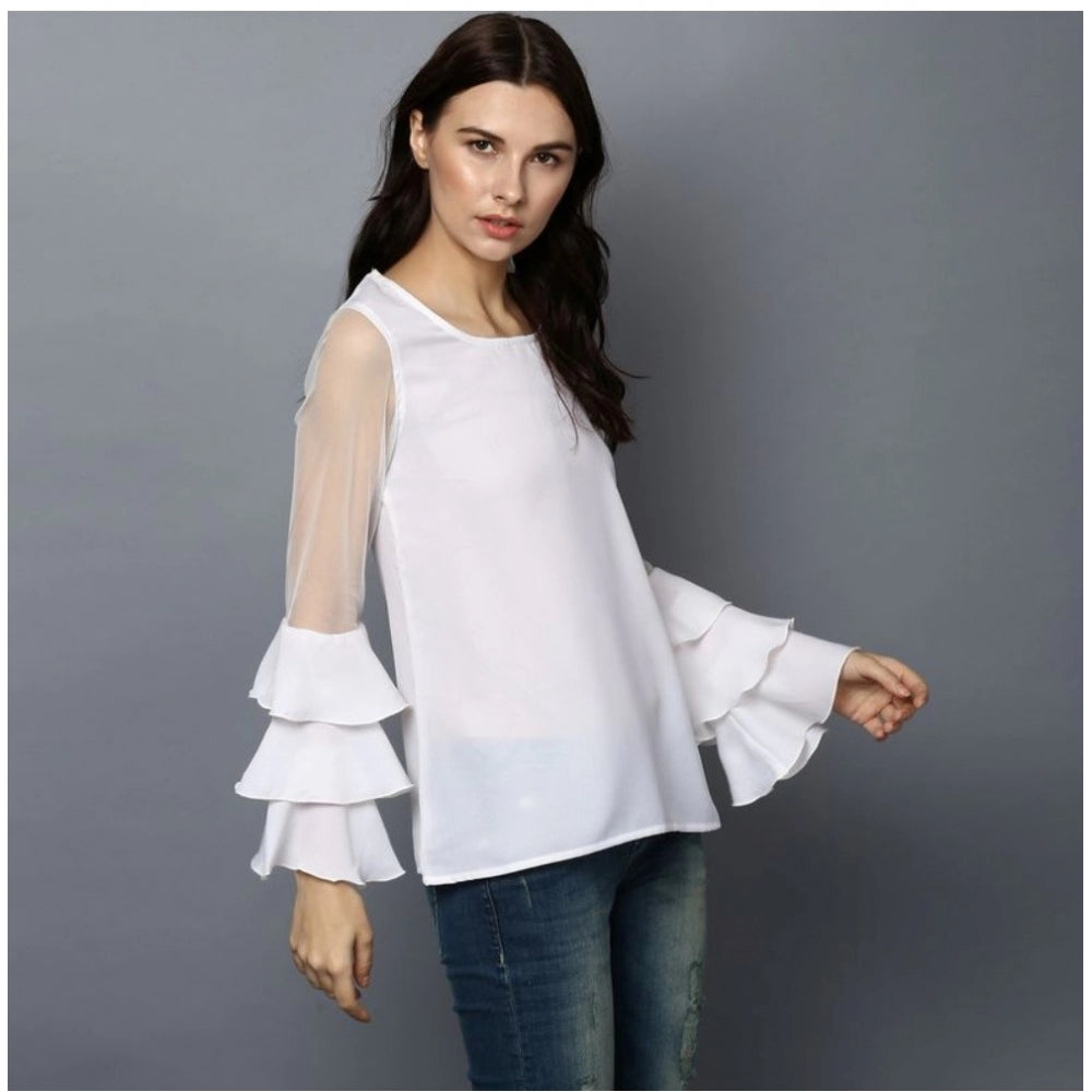 White polyester solid tier sleeve top for women's fashion, round neck design