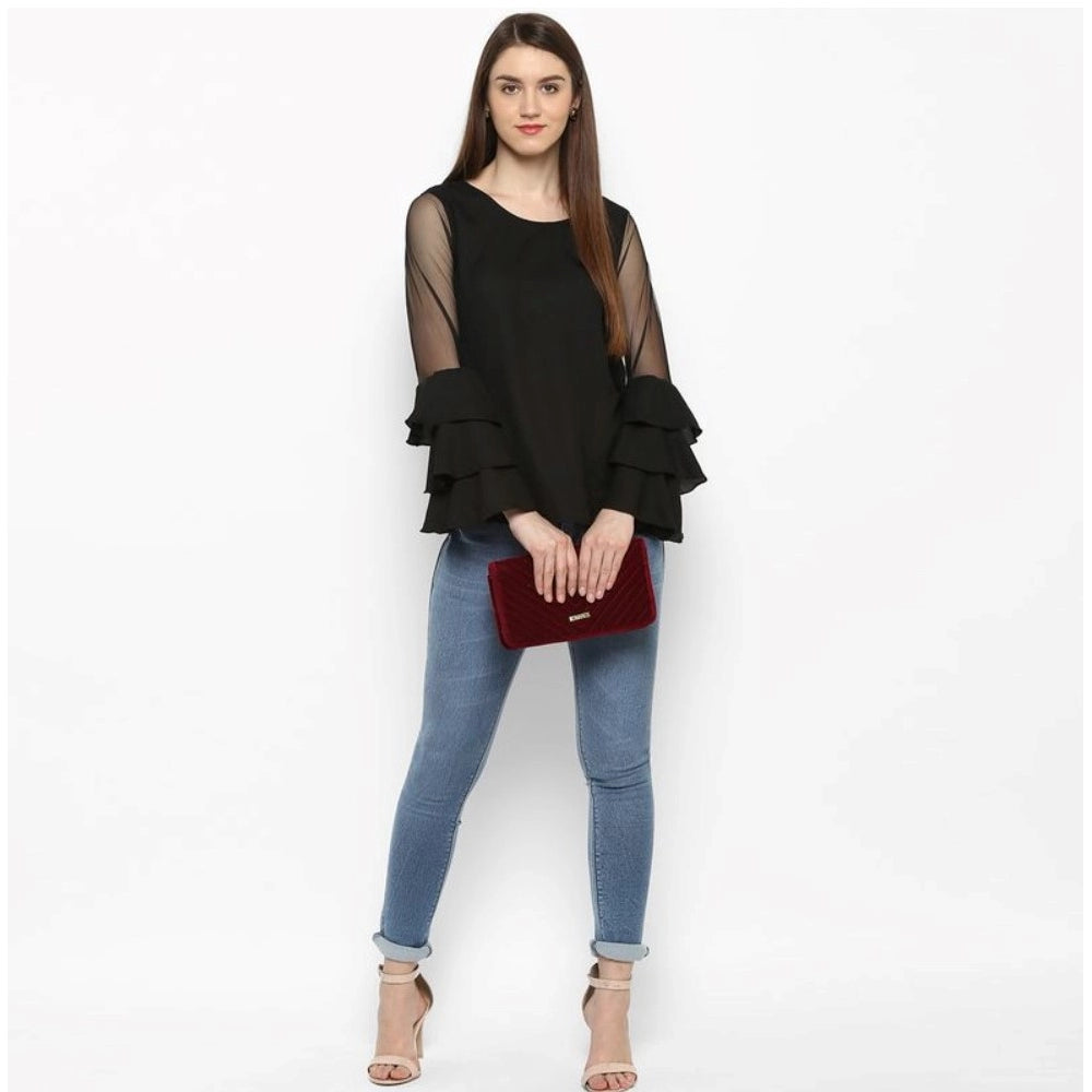 Black polyester tier sleeve top for women, solid design with round neck