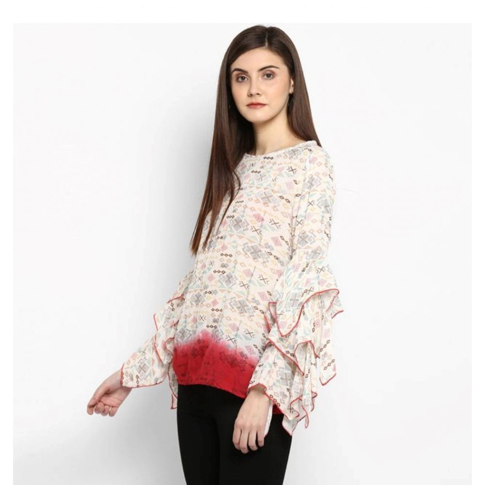 Off-white and red rayon crepe printed ruffle sleeve top for women, detailed close-up view