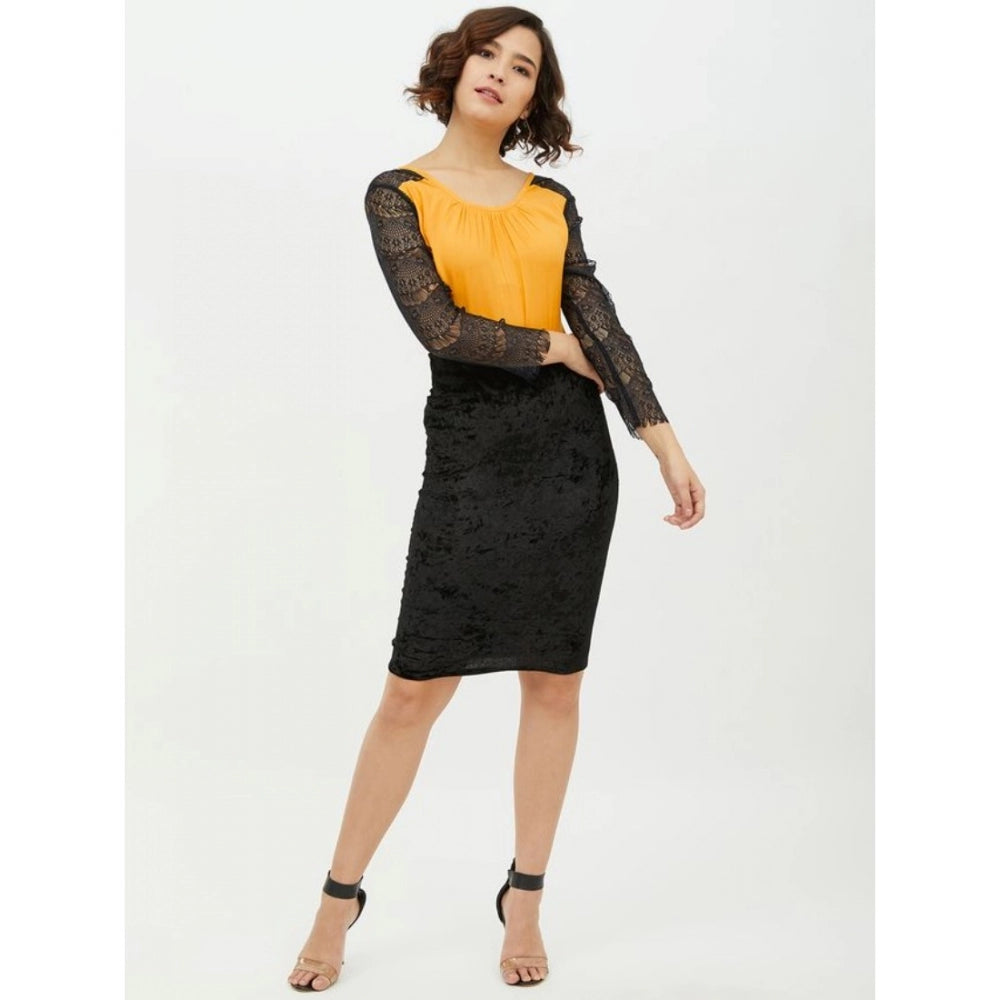 Yellow rayon lace-insert long sleeve top for women, round neck style