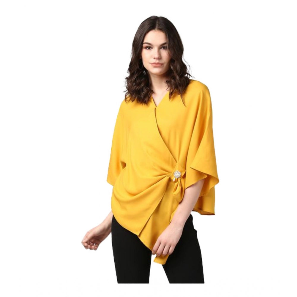 Yellow polyester solid cape sleeve top for women, suitable for casual wear