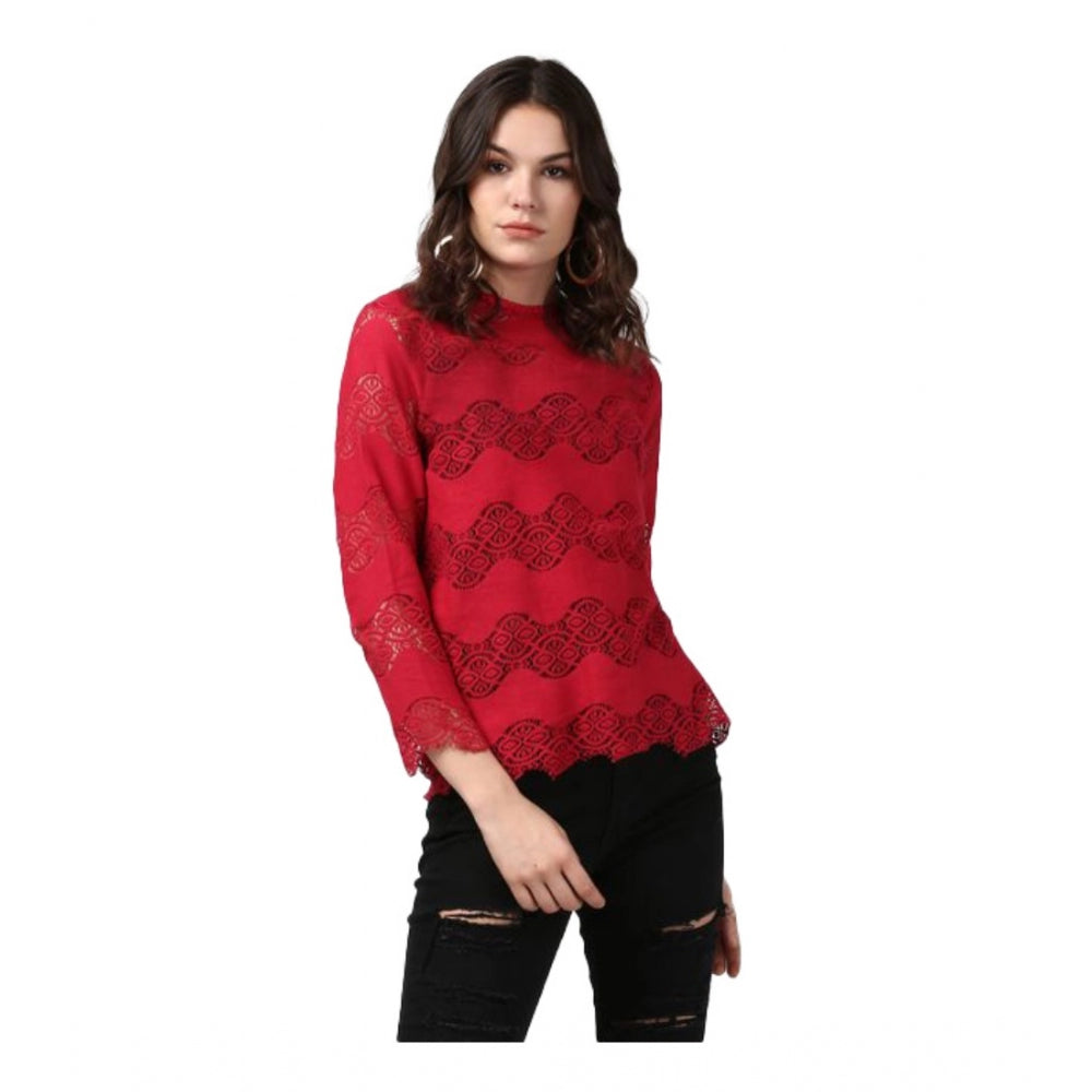 Maroon cotton self-design long sleeves top for women, round neck, long sleeves design on display