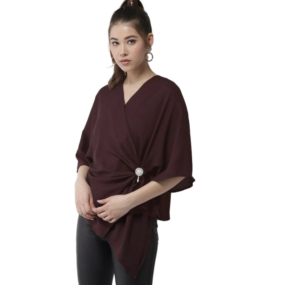 Maroon polyester solid cape sleeve top for women - vibrant maroon solid fashion top with v-neck collar, ideal for casual wear