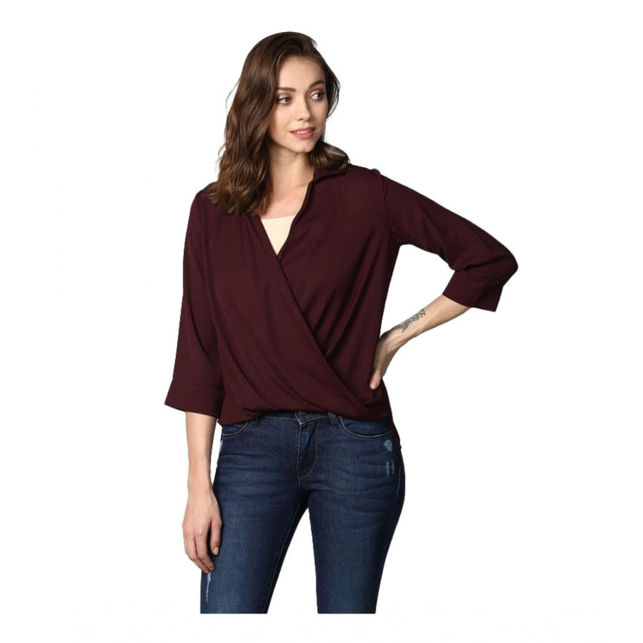 Maroon polyester solid 3/4th sleeves top for women's casual wear, close-up view