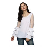 White polyester solid tier sleeve top for women's fashion, round neck design