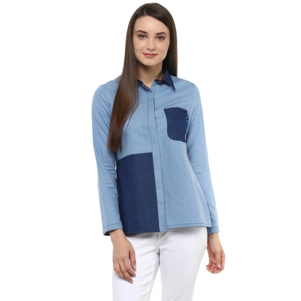 Blue denim patchwork long-sleeve women's top with collar neck, suitable for casual wear