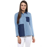 Blue denim patchwork long-sleeve women's top with collar neck, suitable for casual wear