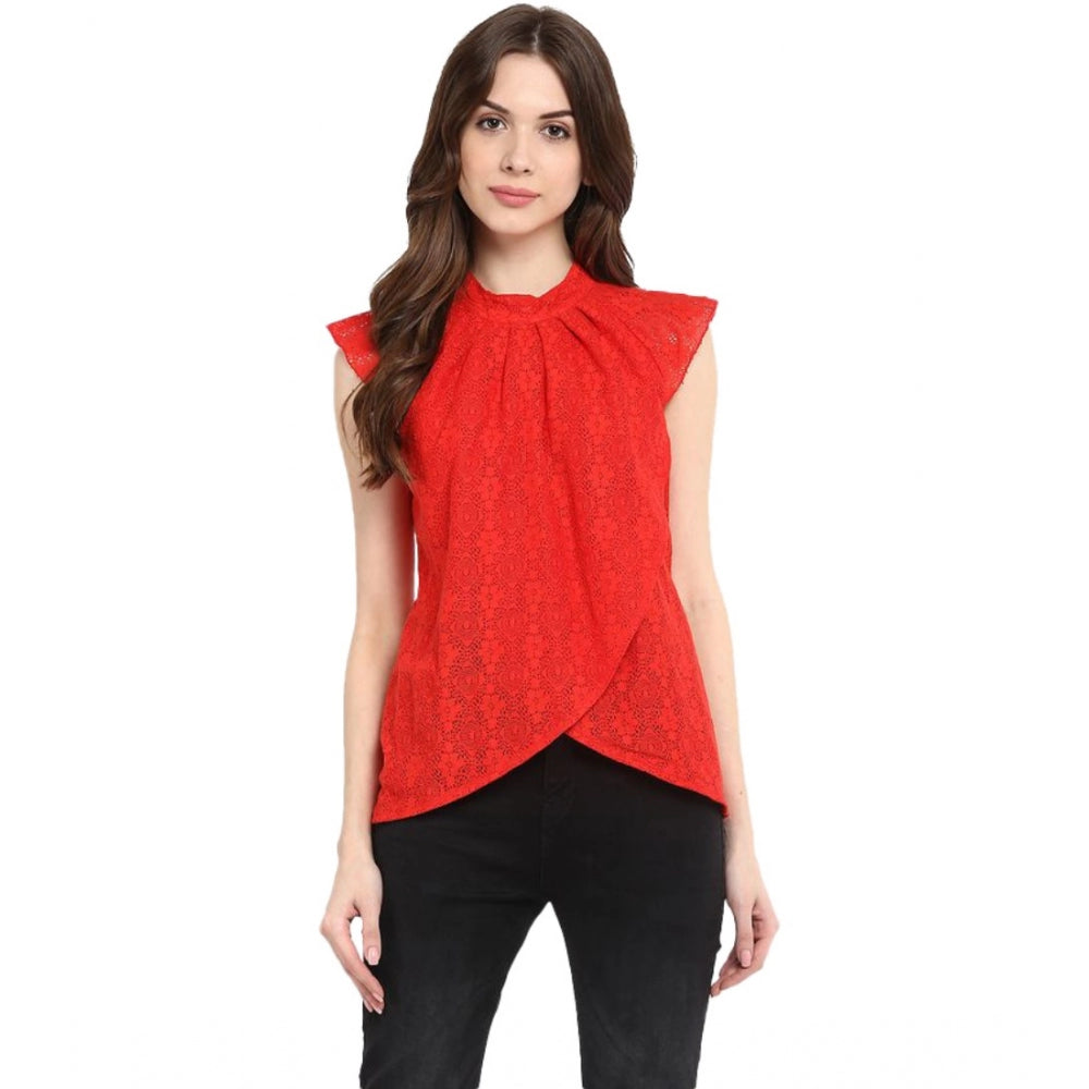 Red cotton lace embellished cap sleeve women's top for casual wear