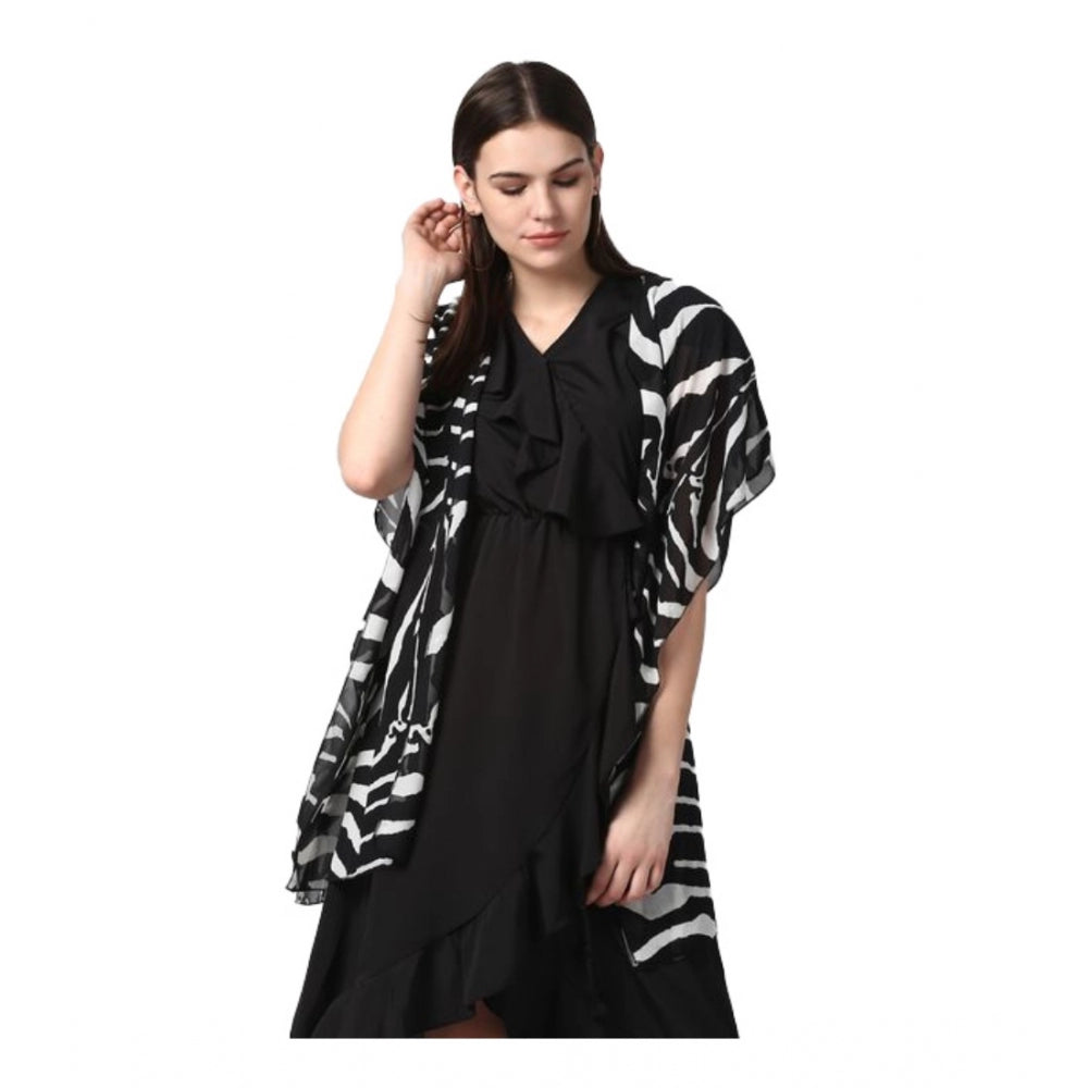 Black printed polyester short sleeve shrug for women, stylish V-neck design with intricate pattern details