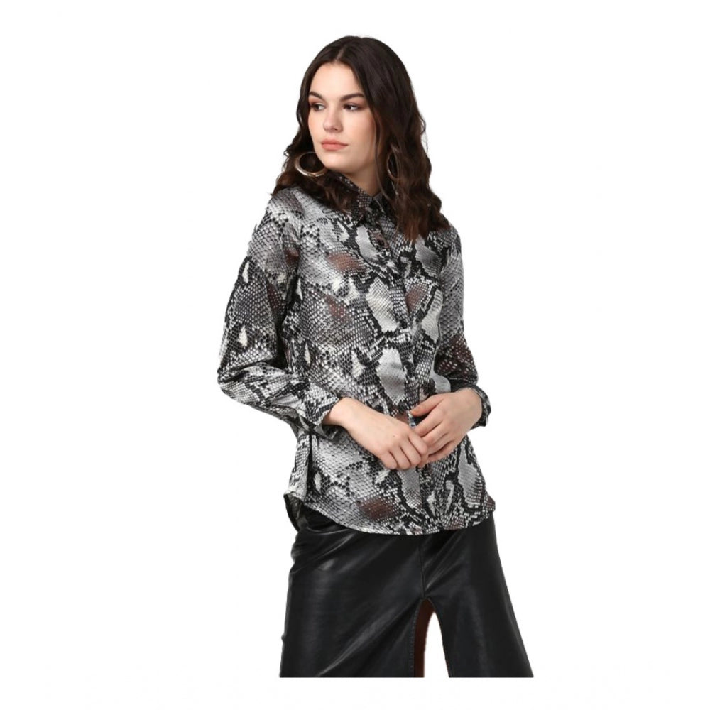 Black & Grey satin animal print long sleeve shirt for women, standard length on hanger