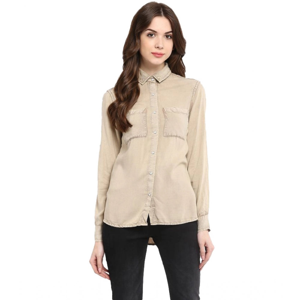 Beige rayon long-sleeve shirt, solid pattern for women's casual wear