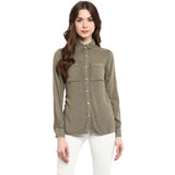 Olive green rayon long sleeve shirt, solid pattern for women's casual wear