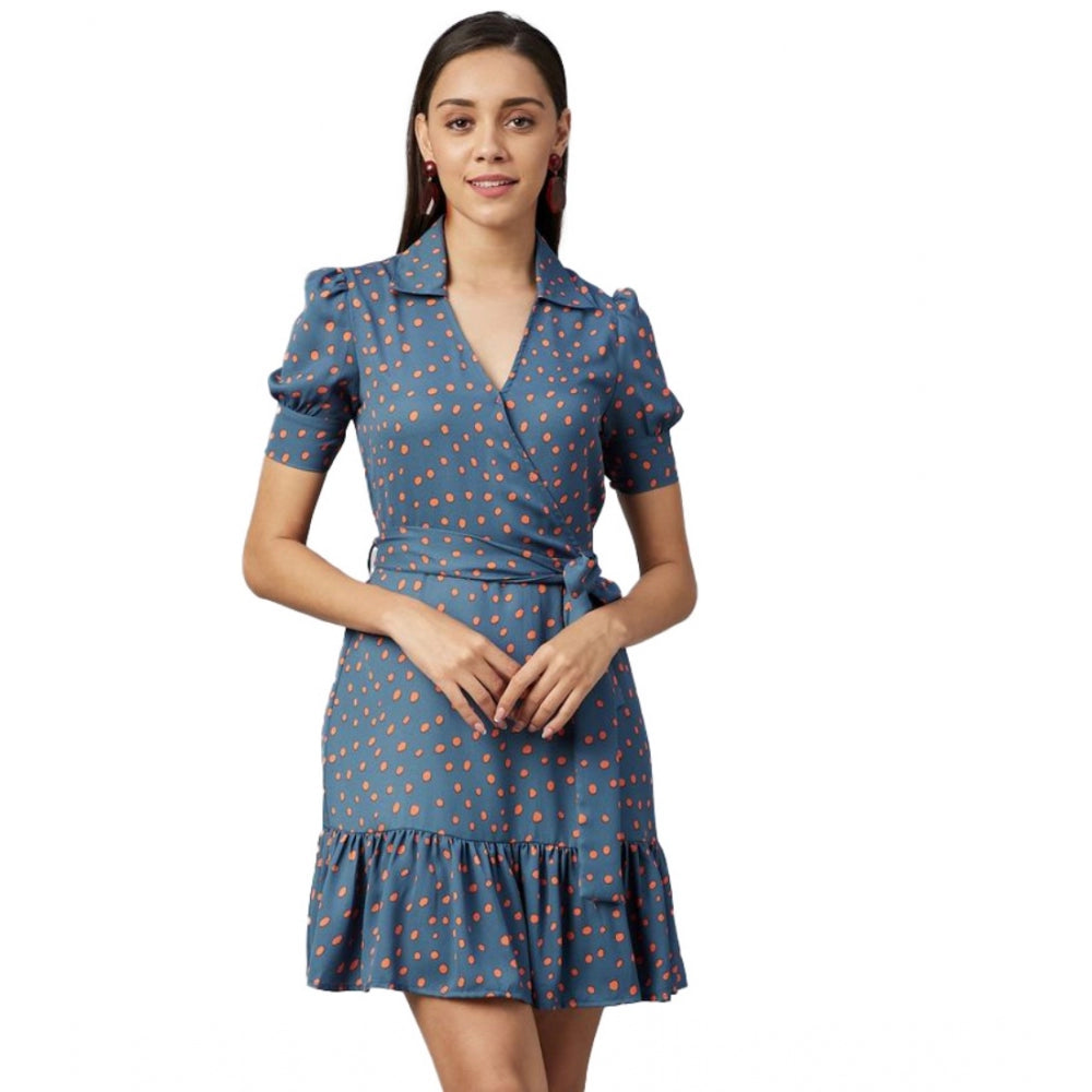 Grey coral polyester polka dot short sleeved above knee dress, casual wear womens summer clothing
