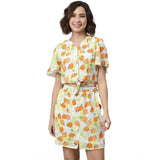 Womens polyester printed flutter above knee dress, orange and yellow