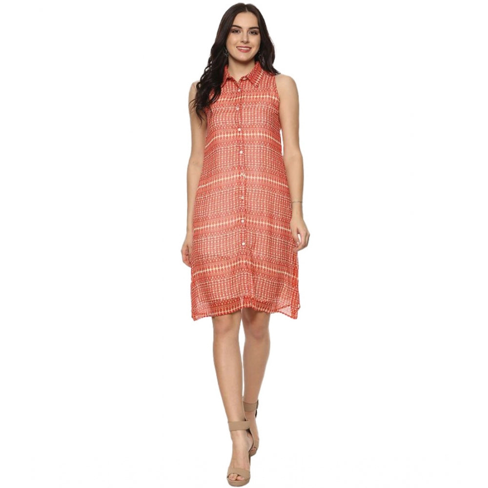 Womens polyester printed sleeveless above knee dress in orange