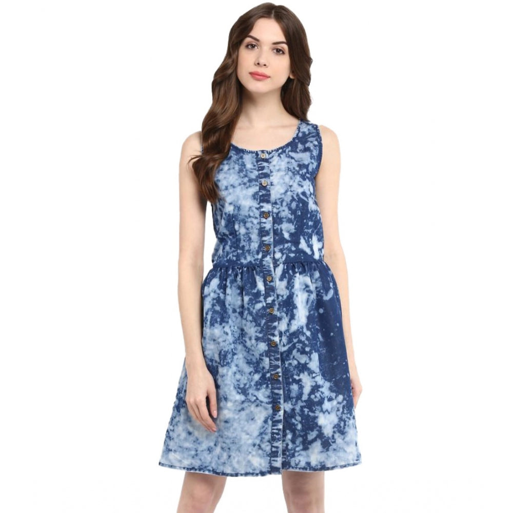 A woman's denim tie-dyed dress in blue, sleeveless, above-knee length