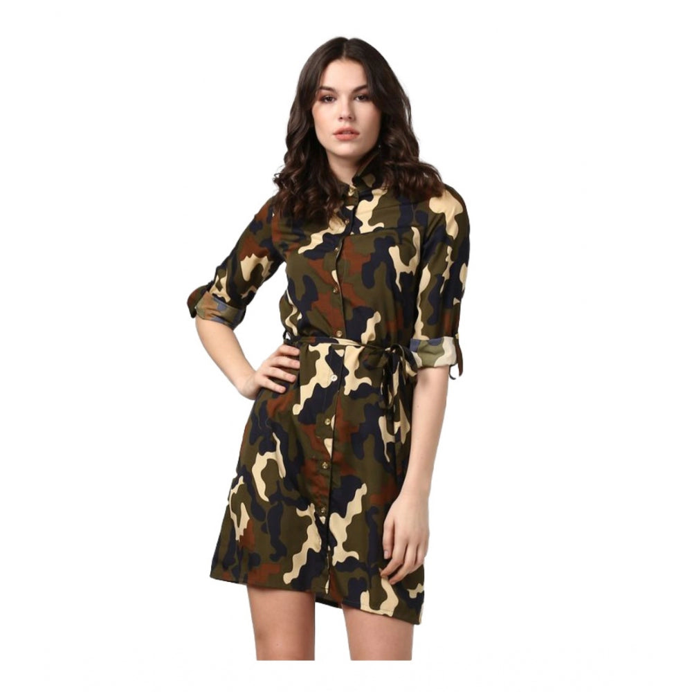 Green & Black polyester printed roll-up sleeve tunic top for women, featuring adjustable sleeves and collar neckline