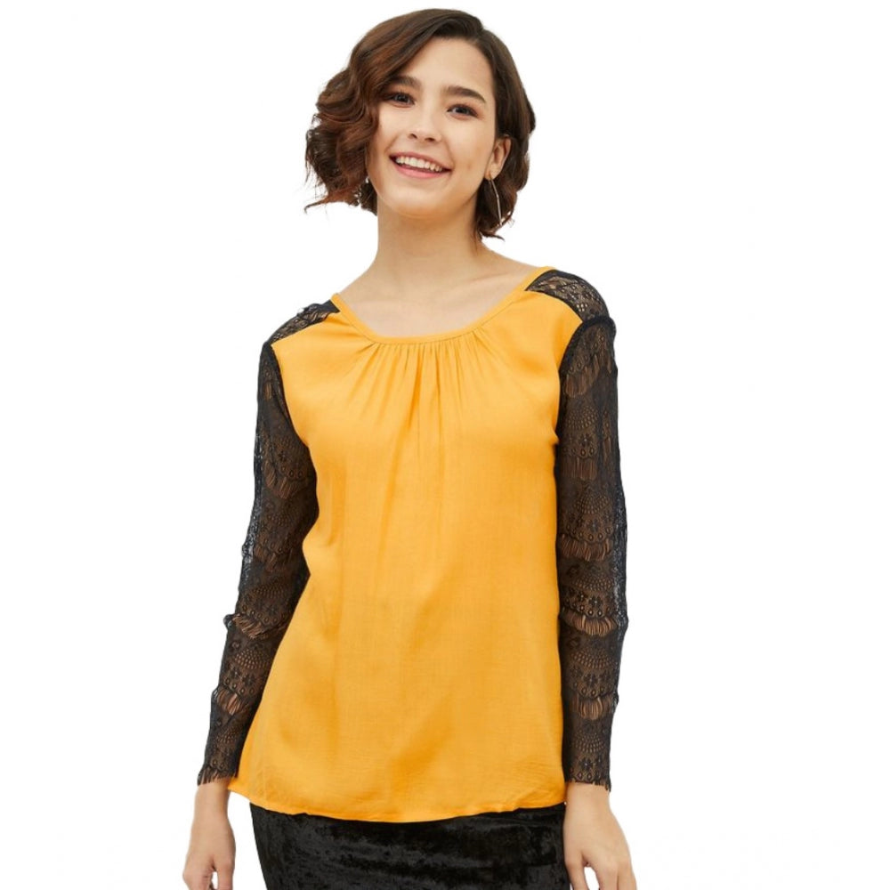 Women's yellow rayon lace inserts long sleeves top with round neck, fashionable eveningwear accessory
