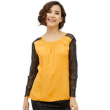 Women's yellow rayon lace inserts long sleeves top with round neck, fashionable eveningwear accessory