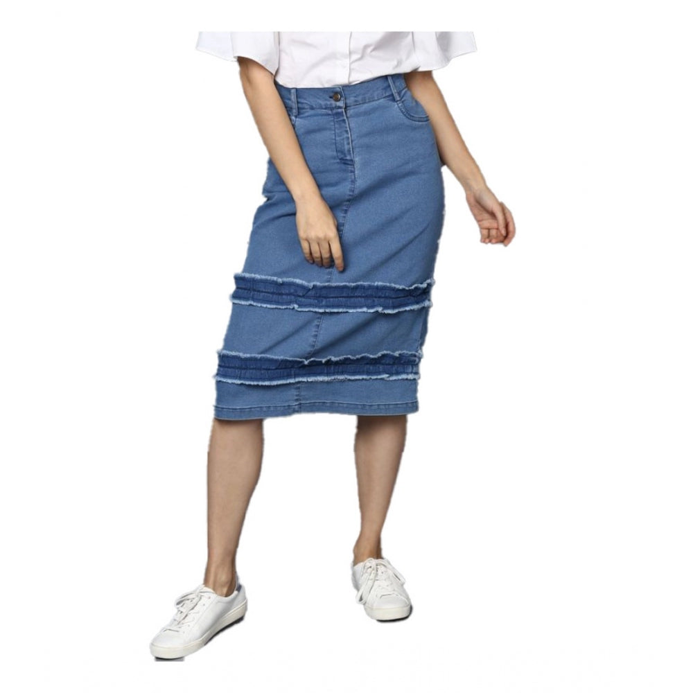 Blue denim washed buttoned skirt for women - stylish waistwear with a distressed finish