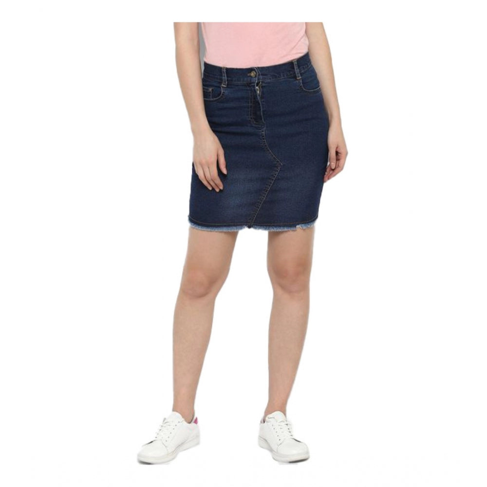 Blue denim stitching pattern buttoned skirt for women, denim fashion accessory on mannequin