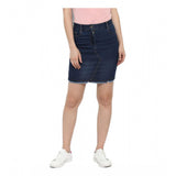 Blue denim stitching pattern buttoned skirt for women, denim fashion accessory on mannequin