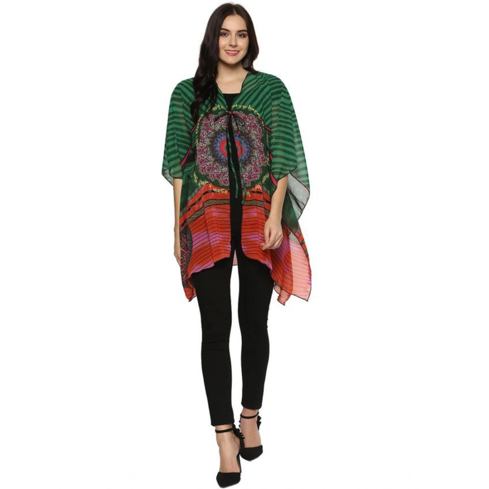 Green & Multicolor printed polyester kaftan sleeve shrug on hanger, V-neck design for women's casual wear