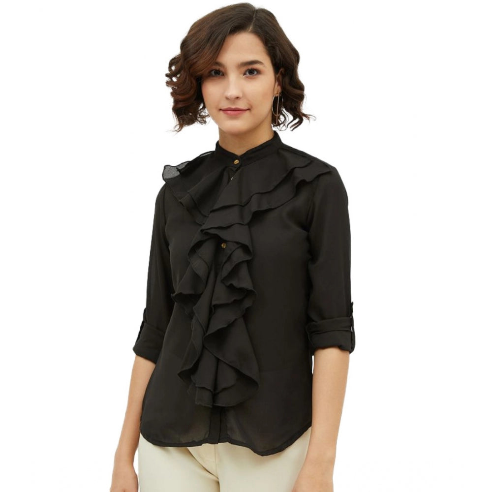 Black polyester ruffled long-sleeve shirt, mandarin collar on mannequin