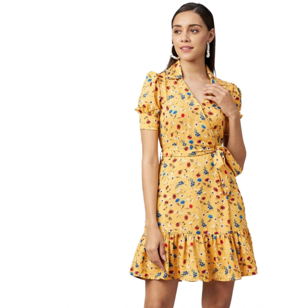 Yellow polyester floral short sleeve above-knee dress for women