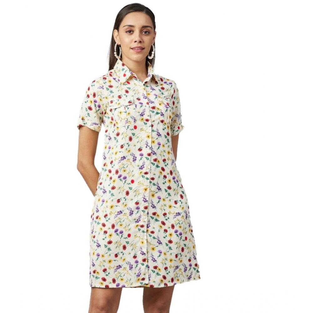Multicolored floral patterned polyester women's short sleeve dress, knee length