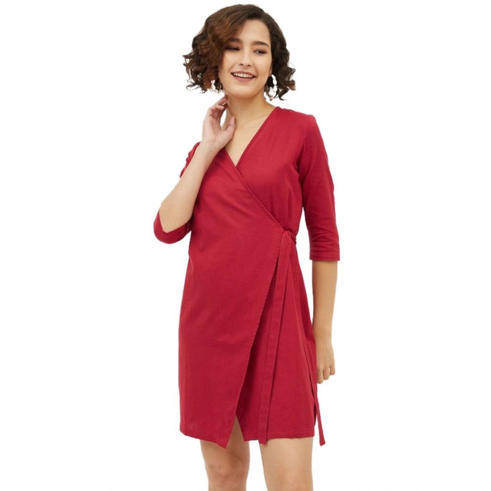 Maroon cotton wrap dress, 34th sleeves above knee length