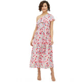Womens short floral dress with ruffled trim and one shoulder design