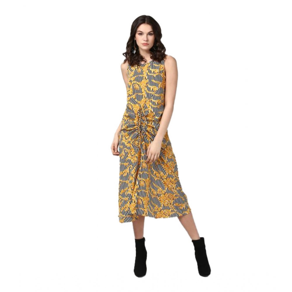 Yellow women's polyester sleeveless below knee dress with chain print pattern